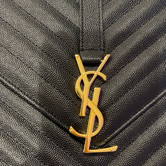 Saint Laurent Black Textured Clutch with Gold Accents - Picture 1 of 10